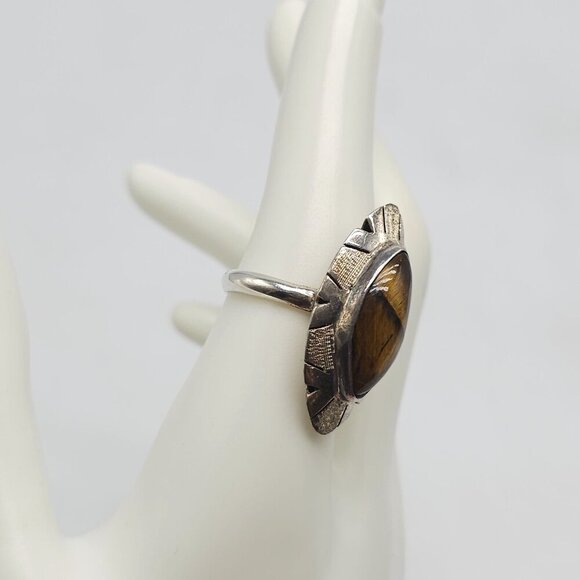 Vintage Taxco Sterling Silver Ring With Oval Tigers Eye Stone Size 8 - Picture 2 of 8